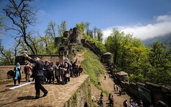 Travelers visit the historical Rudkhan castle in Gilan province, northern Iran.