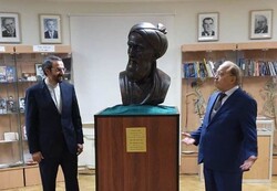 Iranian Ambassador Mehdi Sanai (L) and Lomonosov Moscow State University rector Victor Sadovnichy attend a meeting at the university in the Russian capital to unveil a bust of Persian poet Rudaki. 