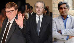 This combination photo shows filmmaker Michael Moore, actor Robet De Niro and Iranian writer Habib Ahmadzadeh. 
