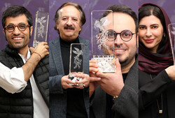 This combination photo shows directors Mohammad Kart, Majid Majidi and Mohammad-Hossein Mahdavian and actress Nazanin Ahmadi posing with their Crystal Simorgh awards