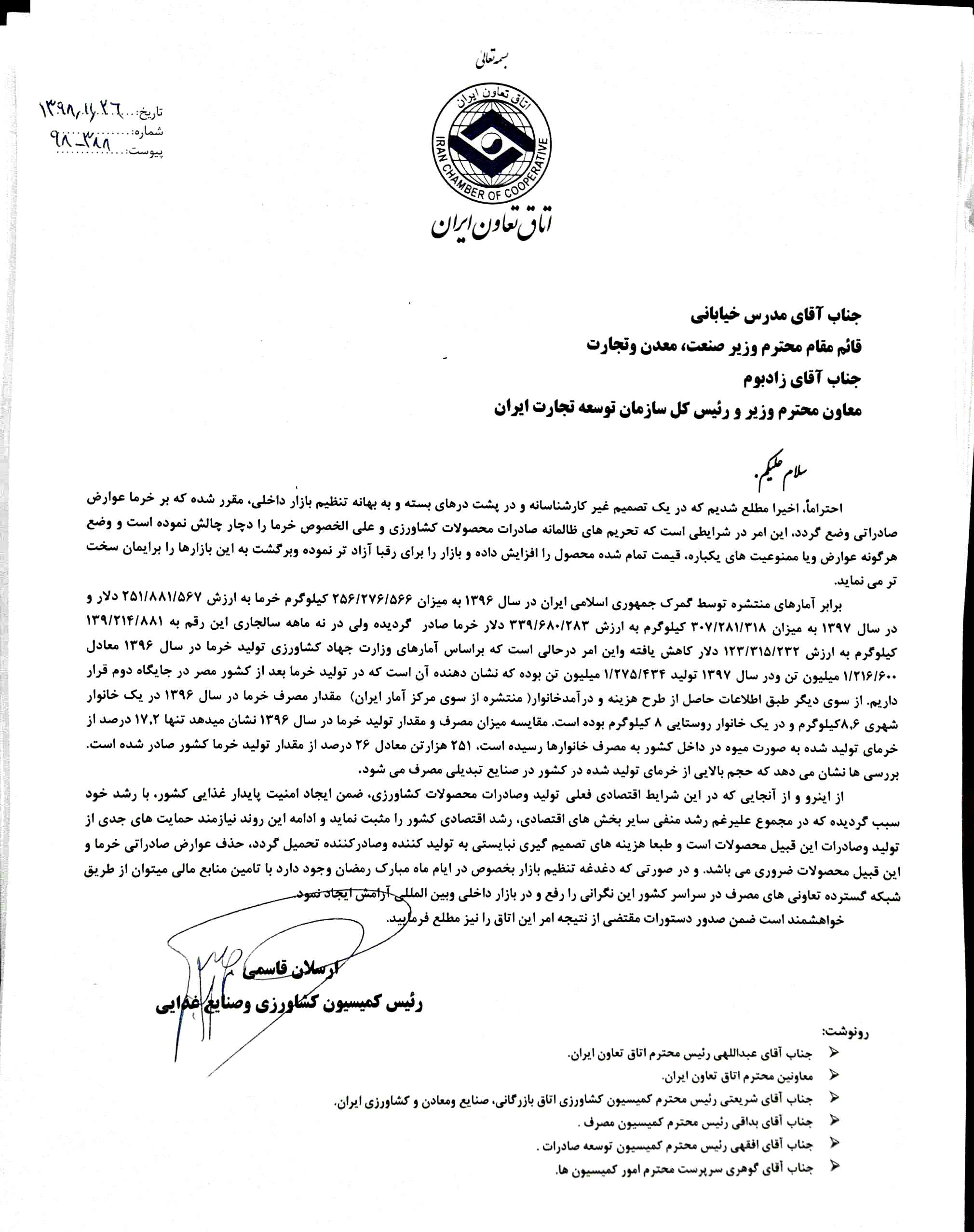 نامه اعتراض آمیز به وزارت صنعت برای وضع عوارض صادراتی خرما