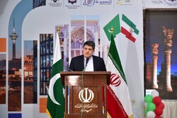 Iranian Consul General in Karachi Ahmad Mohammadi addresses a conference on Tehran-Islamabad tourism ties held at Mehran Arts Council in Hyderabad on February 15, 2020.