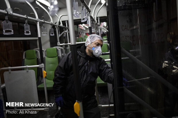 Disinfecting public transportation fleet in Tehran
