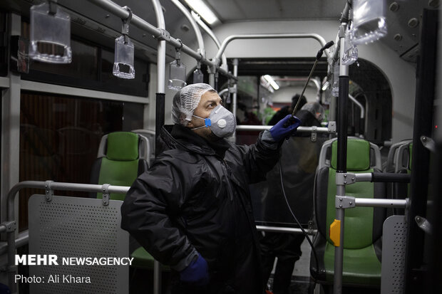 Disinfecting public transportation fleet in Tehran
