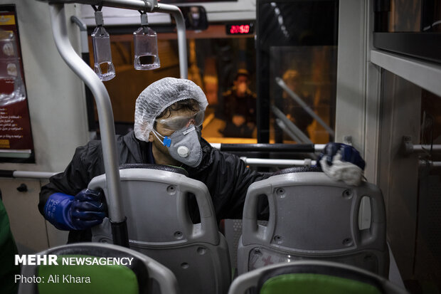 Disinfecting public transportation fleet in Tehran
