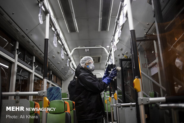 Disinfecting public transportation fleet in Tehran
