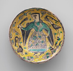  “Bowl with a Figure and Birds”; 10th century CE; excavated from Neyshabur, northeast Iran