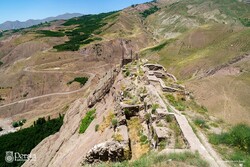 An aerial view of the ruined Alamut Castle, which stands perched on Alborz Mountains, northern Iran.