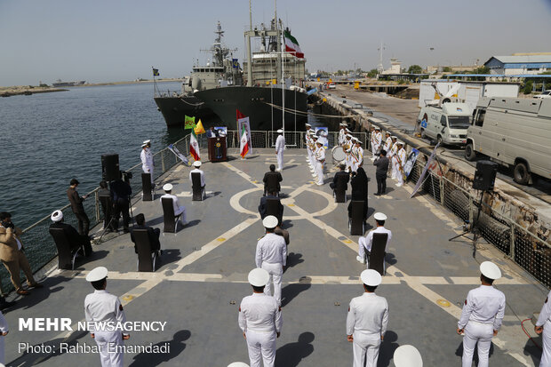 Iran's flag hoisted atop frigate Jamaran in Bandar Abbas