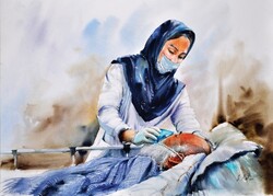 رونمایی از تابلوی آبرنگ «ایثار پرستاران» در روزهای کرونایی/تولید ماسک از پارچه قلمکار اصفهان