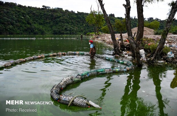 جمع‌آوری زباله‌های شناور در دریاچه "آتیتلان" گواتمالا