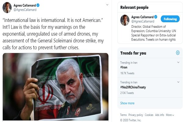 واکنش سازمان ملل به انتقاد از گزارش ترور سردار سلیمانی /حقوق بین‌المللی، بین‌المللی است نه امریکایی