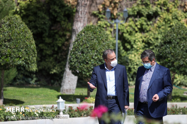 عبدالناصر همتی رئیس بانک مرکزی و علیرضا رزم حسینی وزیر صمت در حاشیه جلسه هیات دولت