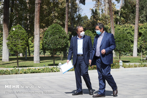 عبدالناصر همتی رئیس بانک مرکزی و علیرضا رزم حسینی وزیر صمت در حاشیه جلسه هیات دولت  