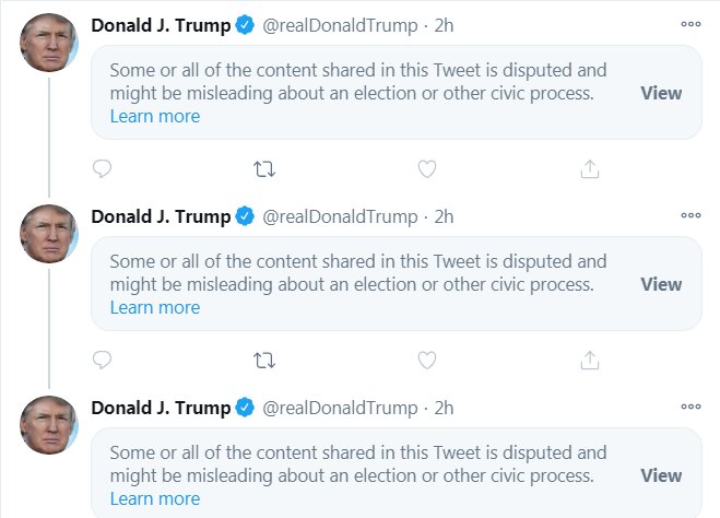توئیتر به پیام ترامپ درباره ادعای تقلب، برچسب «گمراه‌کننده» زد