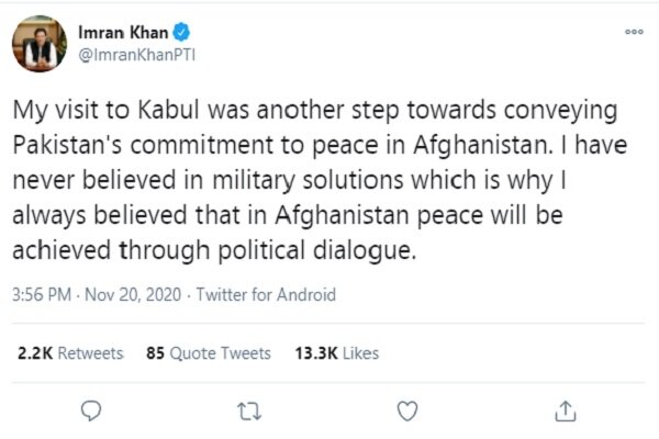 سفر من به کابل برای نشان دادن تعهد پاکستان به صلح افغانستان است