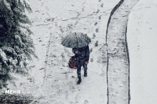 بارش شدید برف پاییزی در همدان