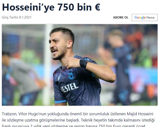 پیشنهاد ۷۵۰ هزار یورویی باشگاه ترابوزان برای تمدید قرارداد حسینی