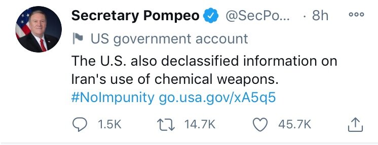 پمپئو ایران را به نقض کنوانسیون منع تسلیحات شیمیایی متهم کرد!