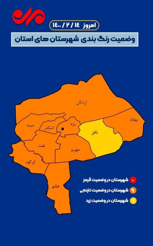 وضعیت کرونایی بافق زرد شد/۹ شهرستان یزد در شرایط نارنجی