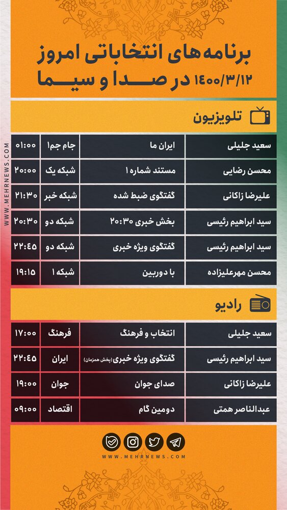 برنامه‌های انتخاباتی امروز، ۱۲ خرداد ماه در صدا و سیما