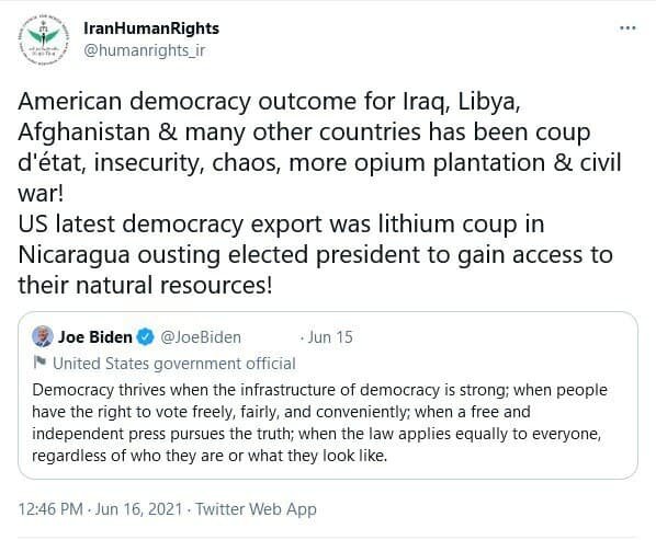 Iran HR council responds to Biden's tweet on democracy