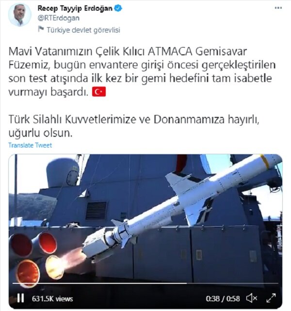 توضیحات اردوغان درباره موشک ضد کشتی «آتماجا» ترکیه