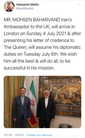 Iran's new ambassador to UK will arrive London on Sun.