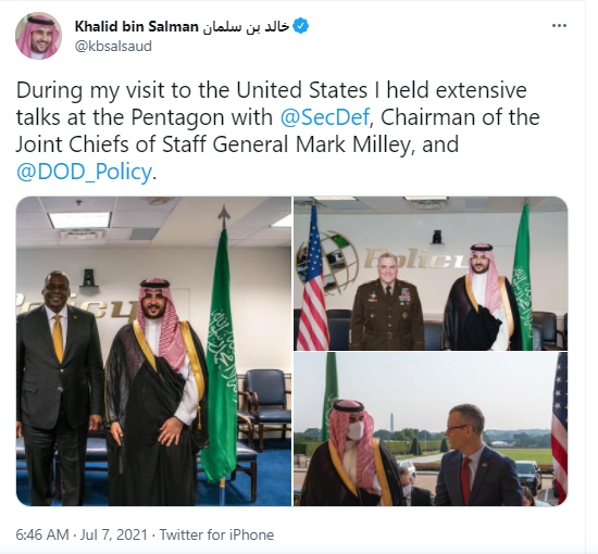 Khalid bin Salman discusses Iran with Pentagon