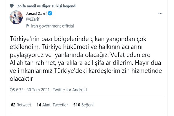 Zarif'ten Türkiye'ye başsağlığı mesajı