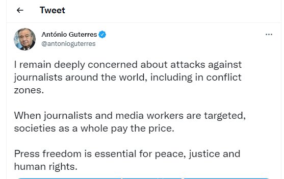 دبیرکل سازمان ملل متحد نسبت به وضعیت خبرنگاران ابراز نگرانی کرد