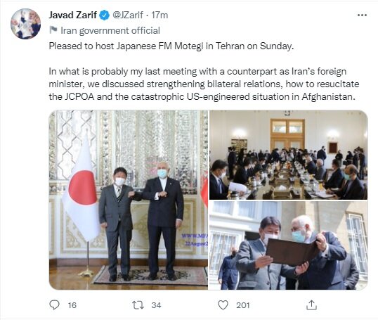 Zarif's last meeting with a counterpart as Iran’s FM