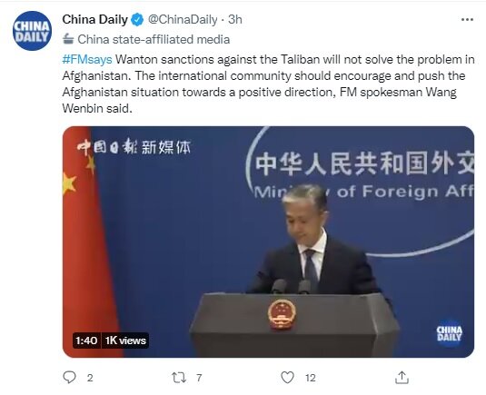 Western sanctions against Taliban to be useless: China