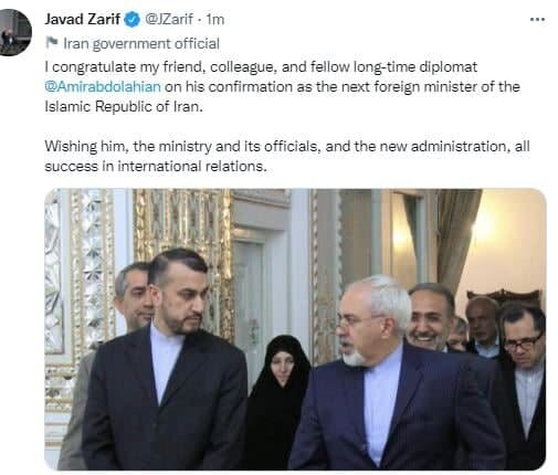 Zarif congratulates Amir-Abollahian on becoming Iran FM