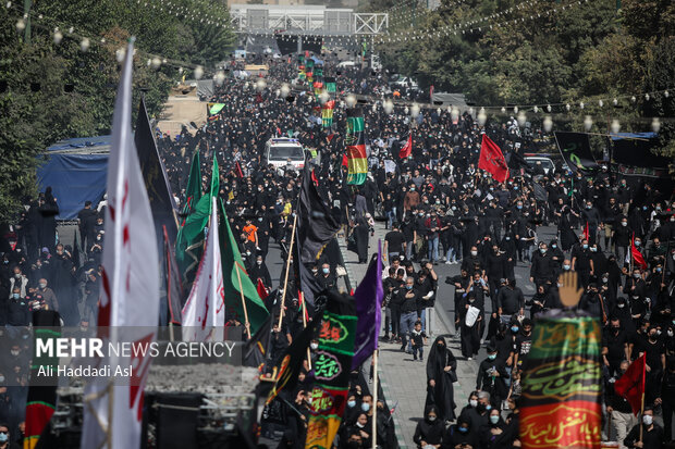 شرکت کنندگان در مراسم راهپیمایی جاماندگان اربعین حسینی(ع)  از میدان امام حسین (ع) تا حرم عبدالعظیم حسنی(ع) در حرکت هستند