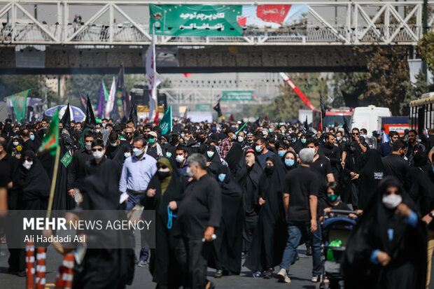 شرکت کنندگان در مراسم راهپیمایی جاماندگان اربعین حسینی(ع)  از میدان امام حسین (ع) تا حرم عبدالعظیم حسنی(ع) در حرکت هستند