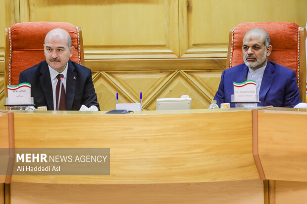 احمد وحیدی وزیر کشور ایران و سلیمان سویلو وزیر کشور ترکیه در حال گفتگو با یکدیگر هستند