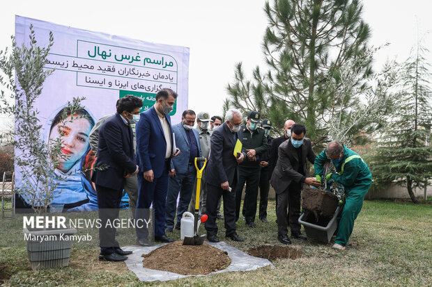  علی سلاجقه رئیس سازمان حفاظت محیط زیست پیش از شروع نشست خبری ،دو نهال به یاد خبرنگاران فقید خبرگزاری ایرنا و ایسنا در محوطه سازمان محیط زیست غرس کرد