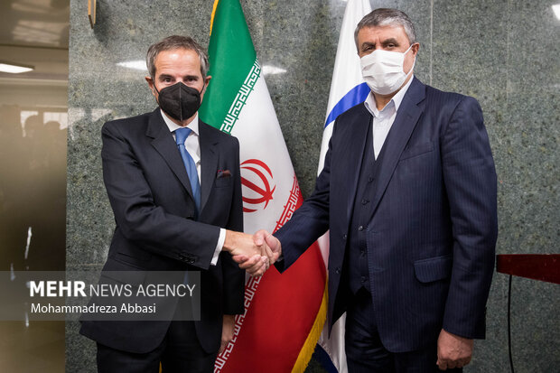 رافائل گروسی مدیر کل آژانس بین المللی انرژی اتمی و  محمد اسلامی رئیس سازمان انرژی اتمی ایران پس از  نشست خبری مشترک در انتهای دیدار امروز صبح خود در حال گرفتن عکس یادگاری هستند