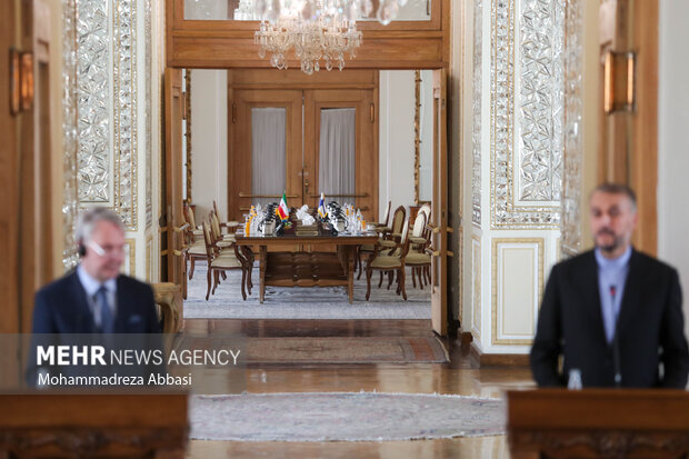 میز مذاکره دو وزیر امور خارجه ایران و فنلاند در تصویر دیده می شود