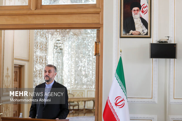 حسین امیرعبداللهیان وزیر امور خارجه ایران وزیر امور خارجه ایران در نشست خبری پس از دیدار وزرای خارجه فنلاند  و ایران حضور دارد
