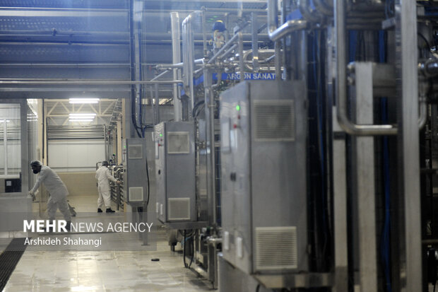 کارکنان واحد تولیدی شیر خشک و کره پاستوریزه در حال کار در کارخانه تولید شیرخشک و کره در پیشوا در تصویر دیده می شوند