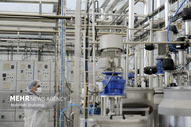 یکی از کارگران واحد تولیدی در حال کار در کارخانه تولید شیرخشک و کره در پیشوا در تصویر دیده می شود