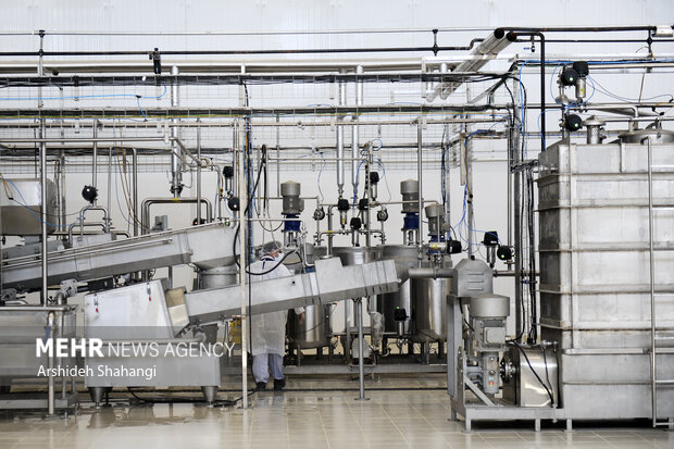 یکی از کارگران واحد تولیدی در حال کار در کارخانه تولید شیرخشک و کره در پیشوا در تصویر دیده می شود