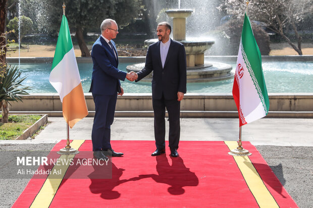 حسین امیر عبدالهیان وزیر امور خارجه کشورمان و سایمون کابوونی وزیر امور خارجه ایرلند در حال دست دادن و گرفتن عکس یادگاری هستند
