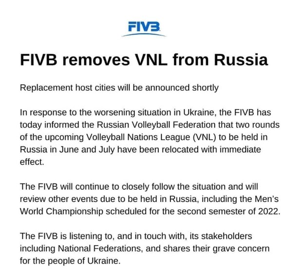 فدراسیون جهانی میزبانی لیگ ملت‌های والیبال را از روسیه گرفت