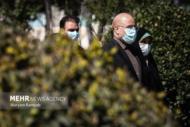 محمدباقر قالیباف رئیس مجلس در حال ورود به محل مراسم روز درختکاری در فضای سبز مجلس شورای اسلامی است 