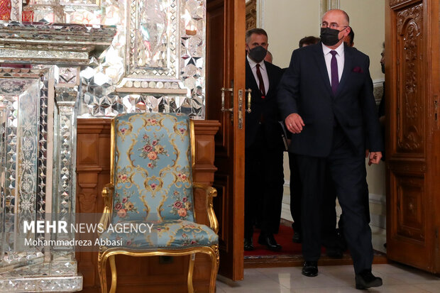 زبیگنیو رائو وزیر امور خارجه لهستان  در حال ورود به محل دیدار با محمدباقر قالیباف رئیس مجلس شورای اسلامی است