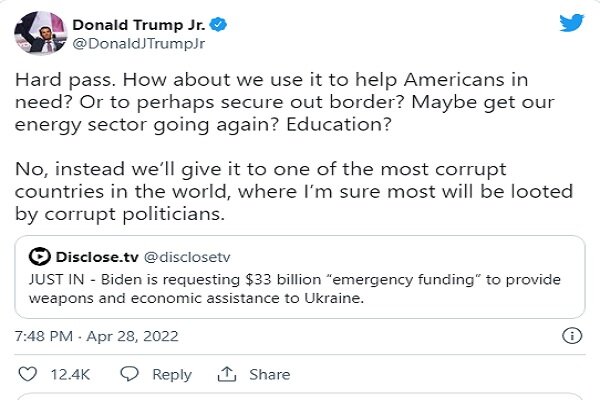 Trump Jr criticizes Congress for approving new aid to Ukraine