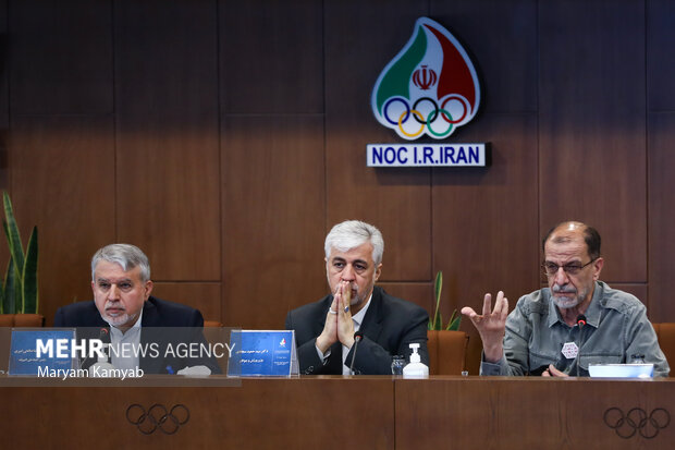 محمود خسروی وفا رئیس کمیته ملی پارالمپیک در حال سخنرانی در پنجاهمین مجمع کمیته ملی المپیک است